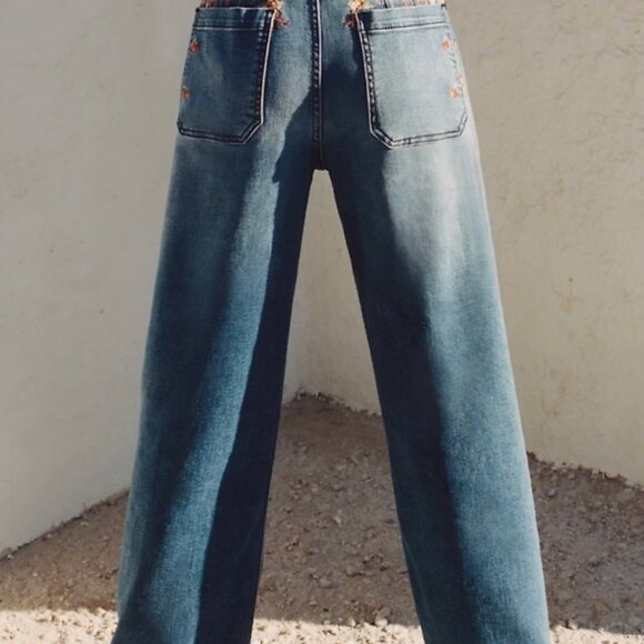 Anthropologie Maeve Size 30 Wide Leg Floral Embroidered Jeans Boho 70s Medium - Picture 2 of 5